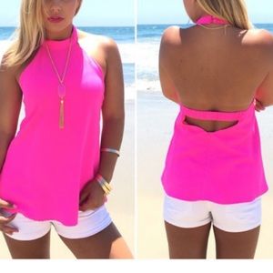 Hot pink open back halter top